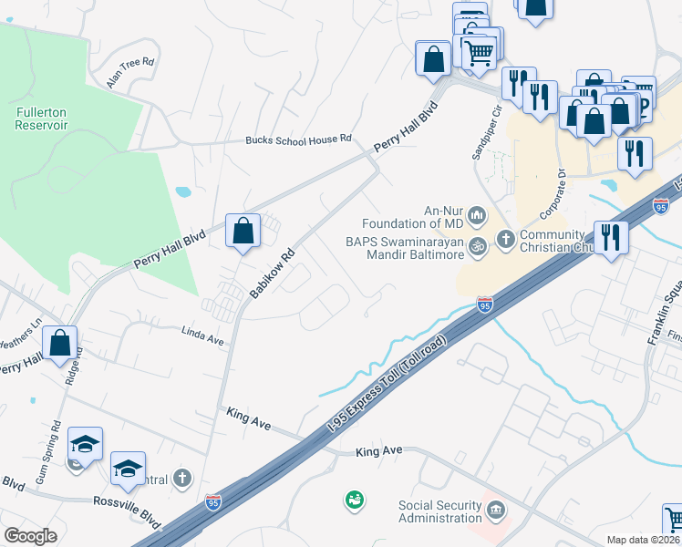 map of restaurants, bars, coffee shops, grocery stores, and more near 5032 Springhouse Circle in Rosedale
