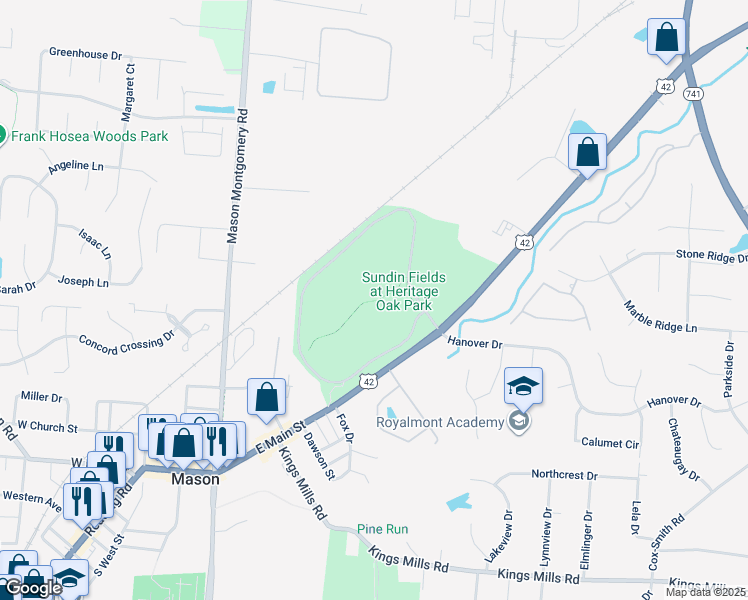 map of restaurants, bars, coffee shops, grocery stores, and more near 4601 U.S. 42 in Mason