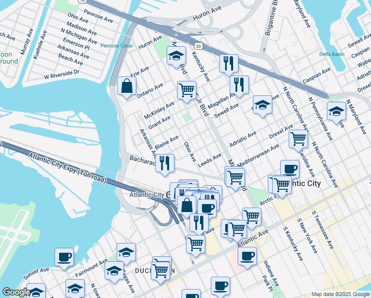 map of restaurants, bars, coffee shops, grocery stores, and more near 510 North Ohio Avenue in Atlantic City