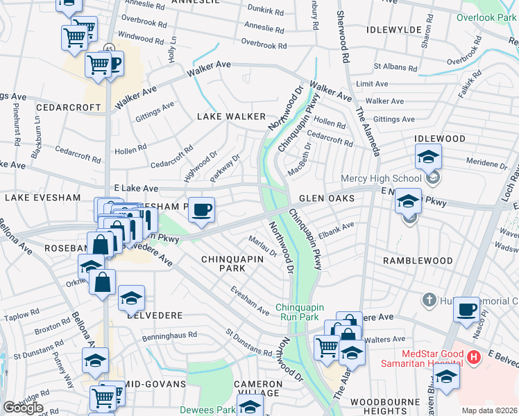map of restaurants, bars, coffee shops, grocery stores, and more near 6008 Northwood Drive in Baltimore