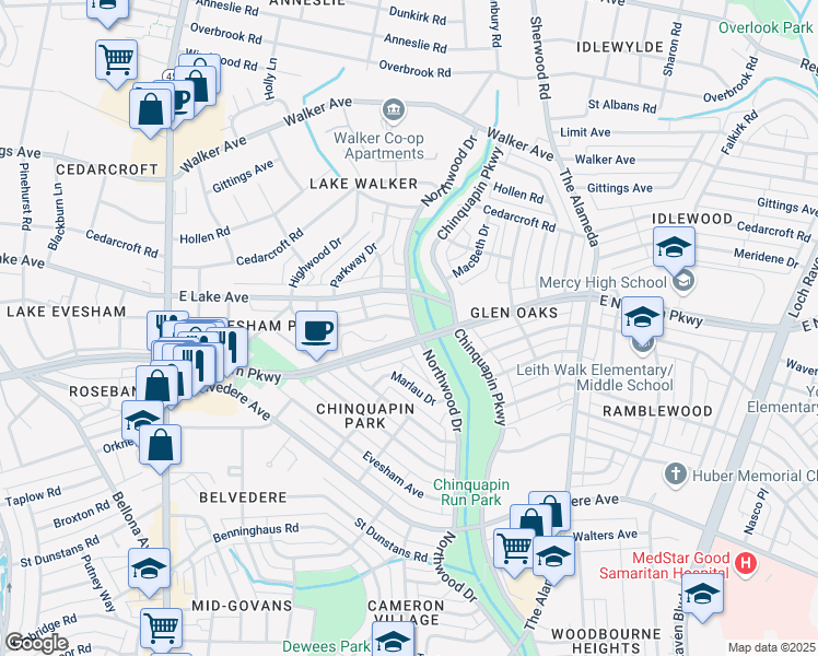 map of restaurants, bars, coffee shops, grocery stores, and more near 6008 Northwood Drive in Baltimore
