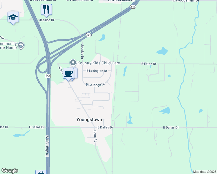 map of restaurants, bars, coffee shops, grocery stores, and more near 2307 Evergreen Court in Terre Haute