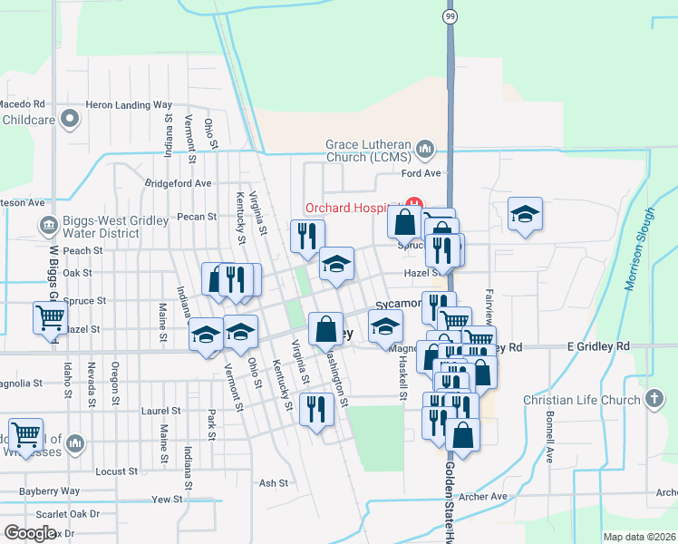 map of restaurants, bars, coffee shops, grocery stores, and more near 640 Jackson St in Gridley
