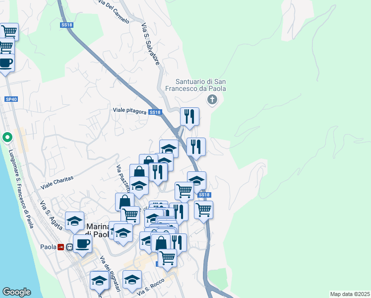map of restaurants, bars, coffee shops, grocery stores, and more near Strada Statale 18 Tirrena Inferiore in Paola