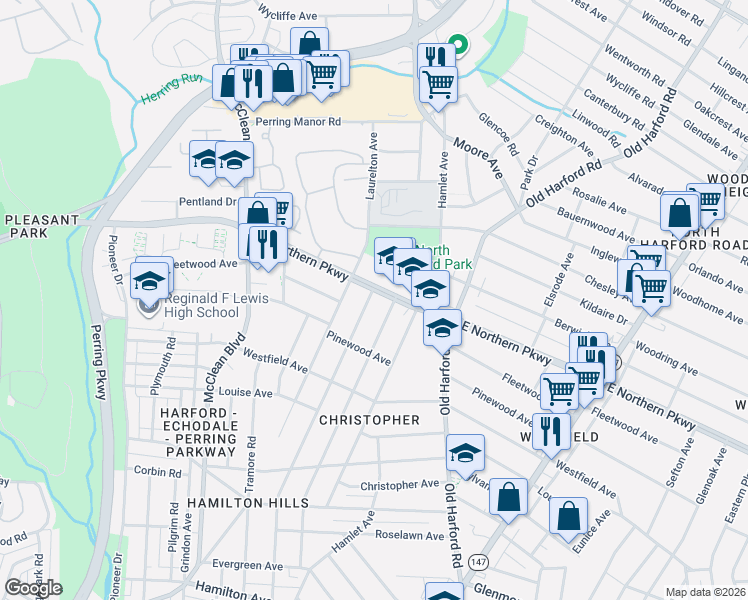 map of restaurants, bars, coffee shops, grocery stores, and more near 6617 Fair Oaks Avenue in Baltimore