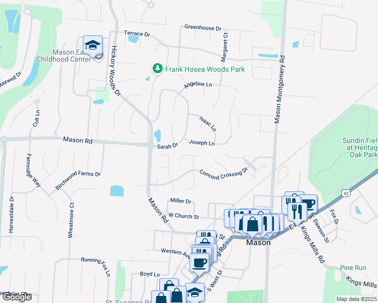 map of restaurants, bars, coffee shops, grocery stores, and more near 5430 Prescott Court in Mason