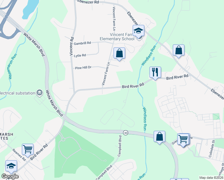 map of restaurants, bars, coffee shops, grocery stores, and more near 10411 Bird River Road in Middle River