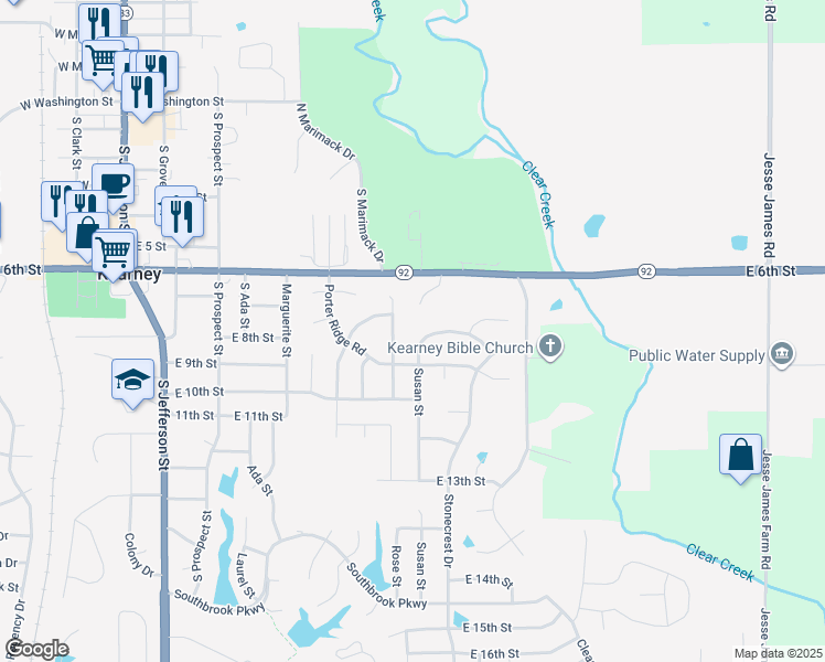 map of restaurants, bars, coffee shops, grocery stores, and more near 805 Pine Crest Avenue in Kearney