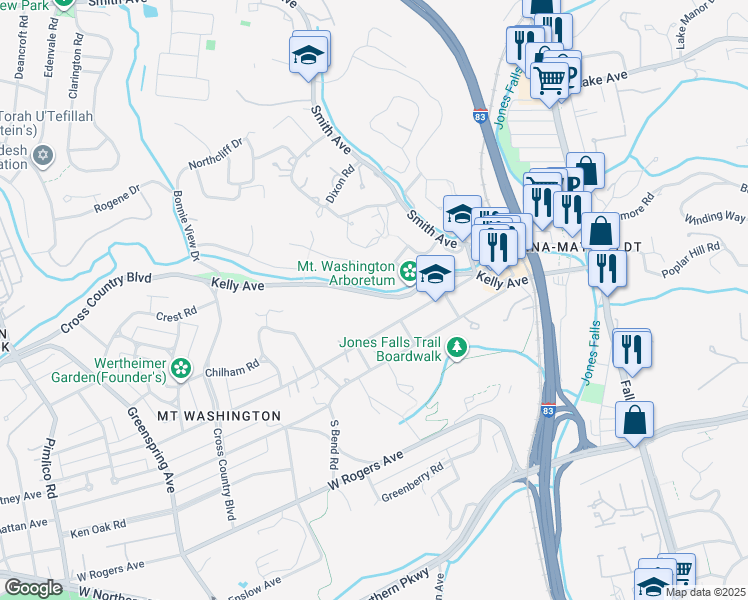 map of restaurants, bars, coffee shops, grocery stores, and more near 1905 Kelly Avenue in Baltimore