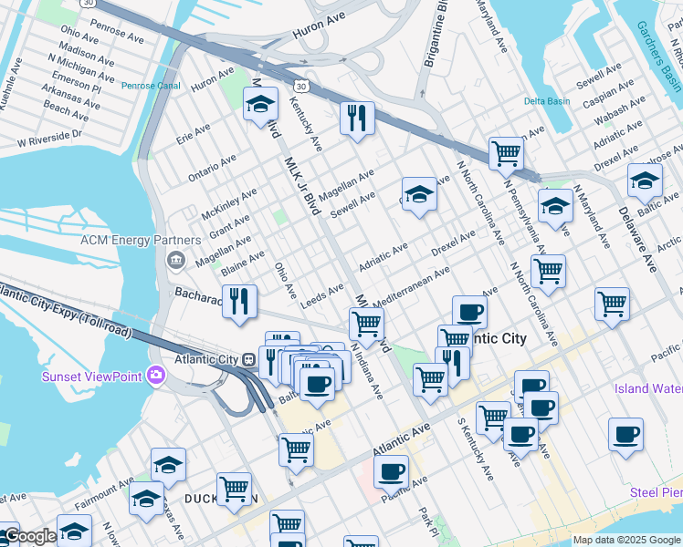 map of restaurants, bars, coffee shops, grocery stores, and more near 414 North Doctor Martin Luther King Boulevard in Atlantic City
