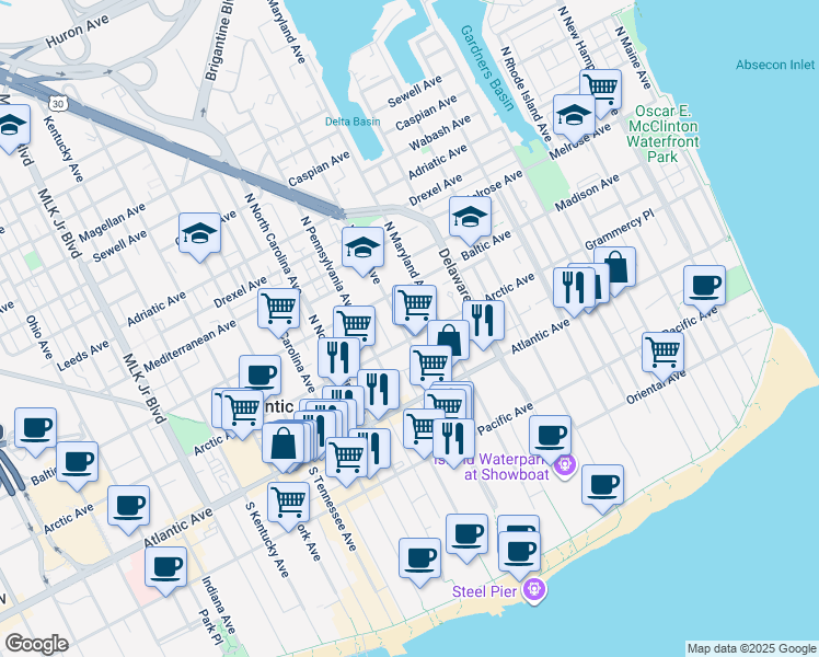 map of restaurants, bars, coffee shops, grocery stores, and more near 105 Virginia Avenue in Atlantic City