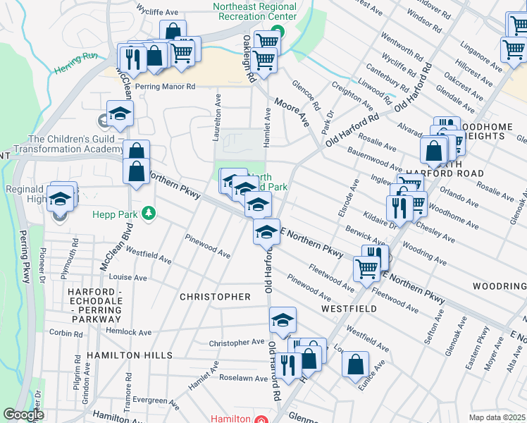 map of restaurants, bars, coffee shops, grocery stores, and more near 2620 East Northern Parkway in Baltimore