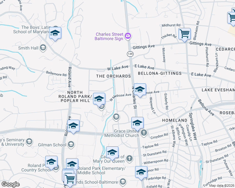 map of restaurants, bars, coffee shops, grocery stores, and more near 5701 Stony Run Drive in Baltimore