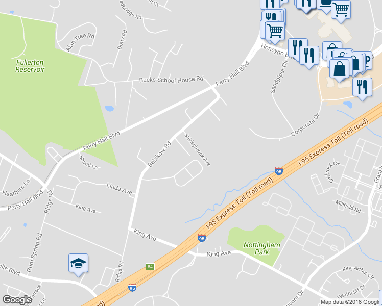 map of restaurants, bars, coffee shops, grocery stores, and more near 5009 Shirleybrook Avenue in Rosedale