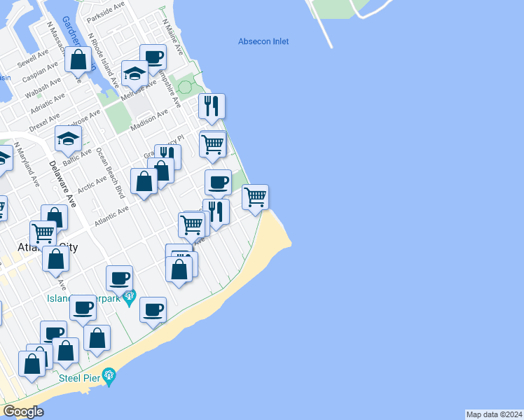 map of restaurants, bars, coffee shops, grocery stores, and more near 76 Boardwalk in Atlantic City