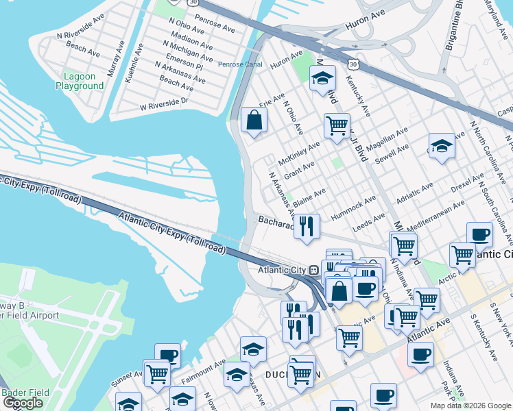 map of restaurants, bars, coffee shops, grocery stores, and more near 2129 Bacharach Boulevard in Atlantic City