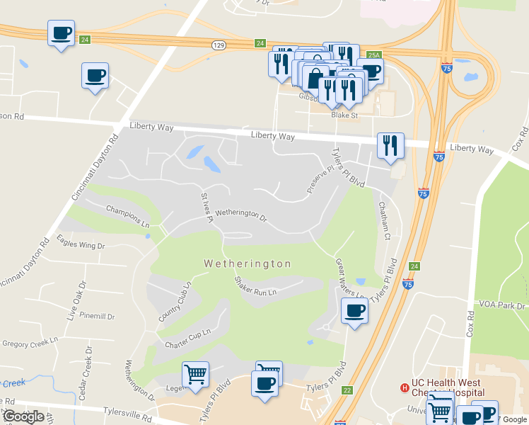 map of restaurants, bars, coffee shops, grocery stores, and more near 7327 Wetherington Drive in Wetherington