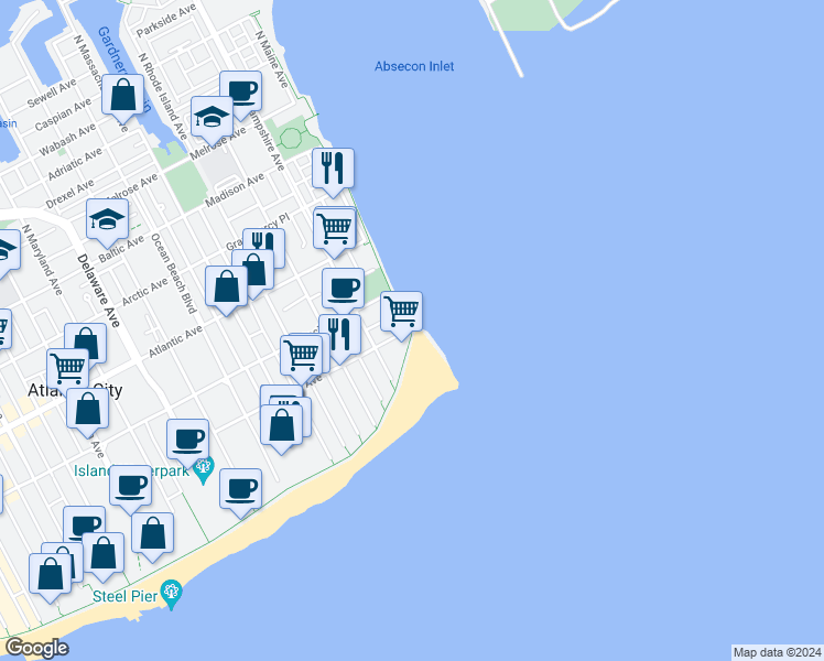 map of restaurants, bars, coffee shops, grocery stores, and more near 4 Boardwalk in Atlantic City