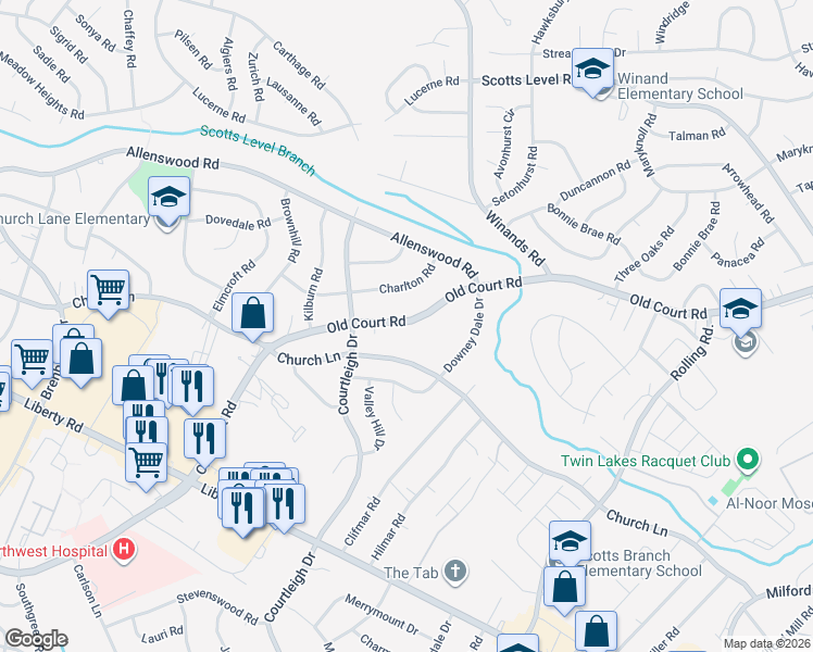 map of restaurants, bars, coffee shops, grocery stores, and more near 4925 Old Court Road in Randallstown