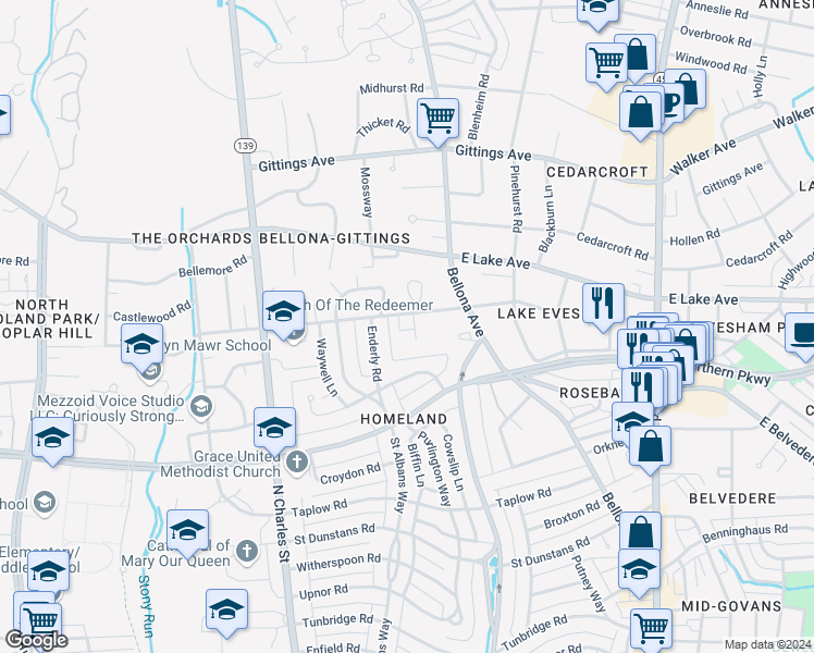 map of restaurants, bars, coffee shops, grocery stores, and more near 5608 Purlington Way in Baltimore