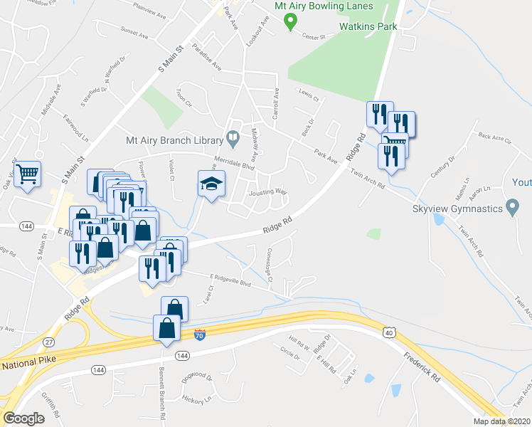 map of restaurants, bars, coffee shops, grocery stores, and more near 1005 Parade Lane in Mount Airy