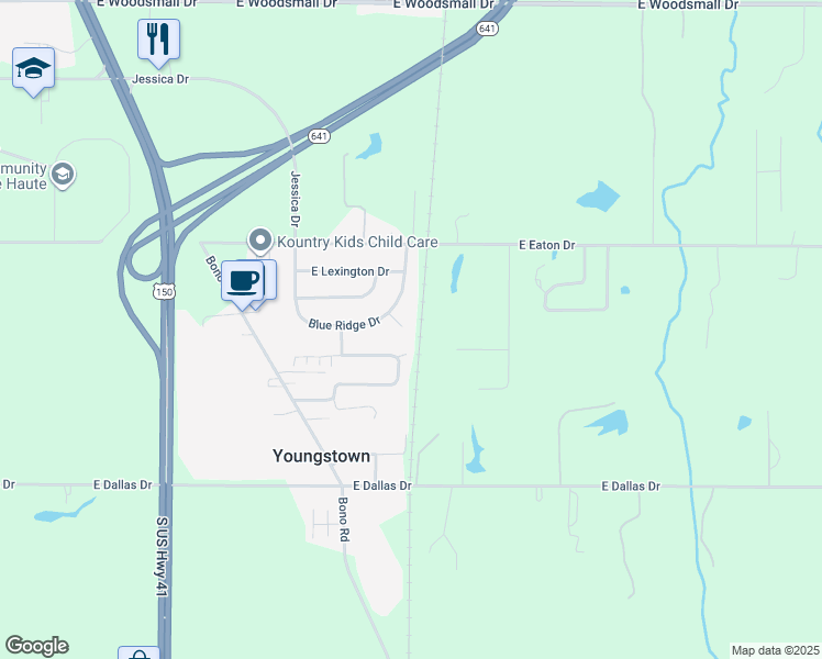 map of restaurants, bars, coffee shops, grocery stores, and more near 2315 Evergreen Court in Terre Haute