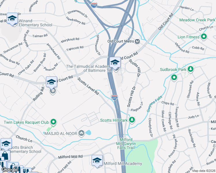 map of restaurants, bars, coffee shops, grocery stores, and more near 19 Wooden Court Way in Pikesville