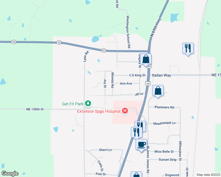 map of restaurants, bars, coffee shops, grocery stores, and more near 2004 Rhonda Rd in Excelsior Springs