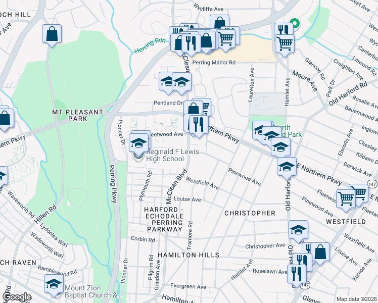 map of restaurants, bars, coffee shops, grocery stores, and more near 6502 McClean Boulevard in Baltimore