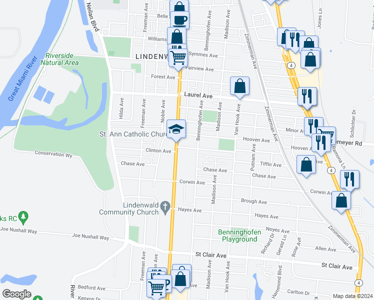 map of restaurants, bars, coffee shops, grocery stores, and more near 633 Clinton Avenue in Hamilton