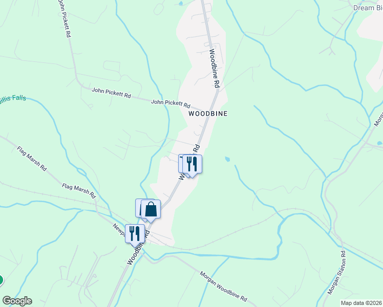 map of restaurants, bars, coffee shops, grocery stores, and more near 7552 Woodbine Road in Woodbine