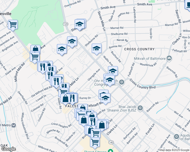 map of restaurants, bars, coffee shops, grocery stores, and more near 3619 Glengyle Avenue in Baltimore