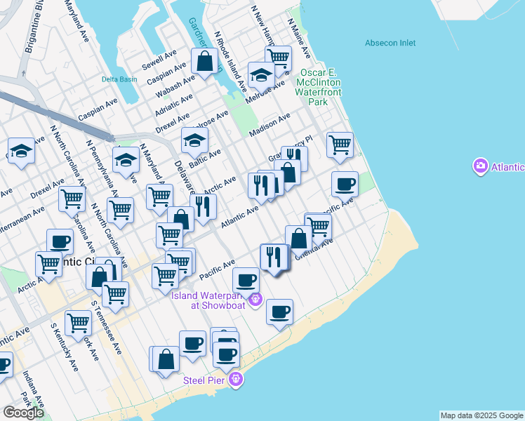 map of restaurants, bars, coffee shops, grocery stores, and more near 534 Atlantic Avenue in Atlantic City