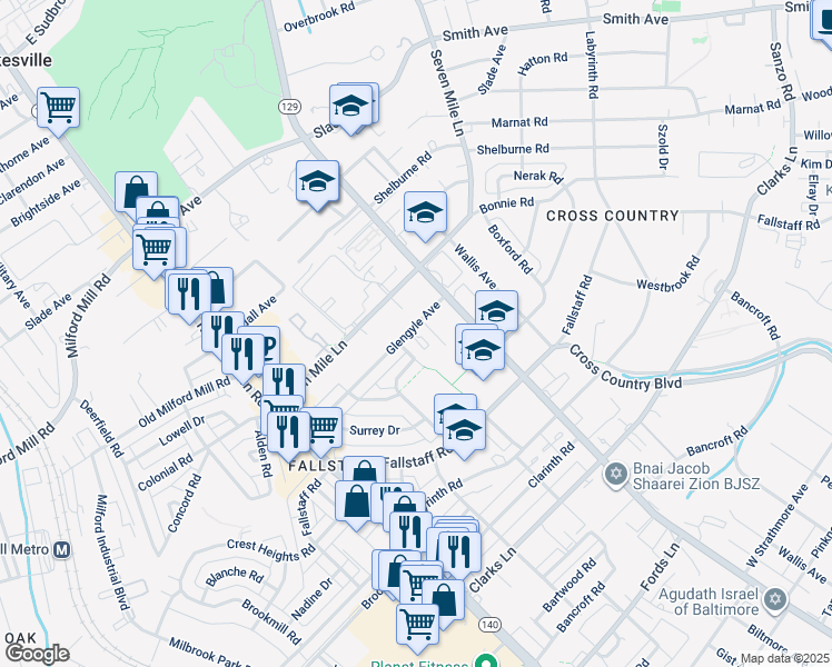 map of restaurants, bars, coffee shops, grocery stores, and more near 3631 Glengyle Avenue in Baltimore