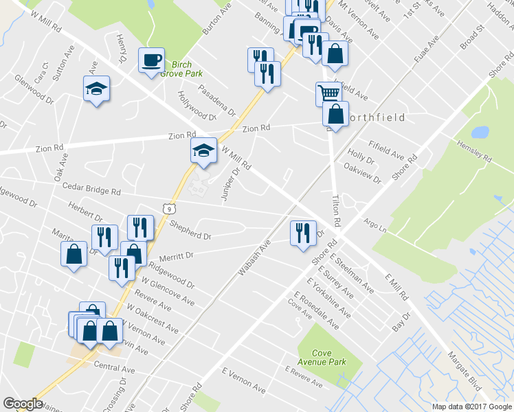 map of restaurants, bars, coffee shops, grocery stores, and more near 2027 Cedar Bridge Road in Northfield