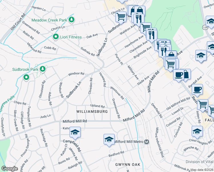 map of restaurants, bars, coffee shops, grocery stores, and more near 735 Westover Road in Pikesville