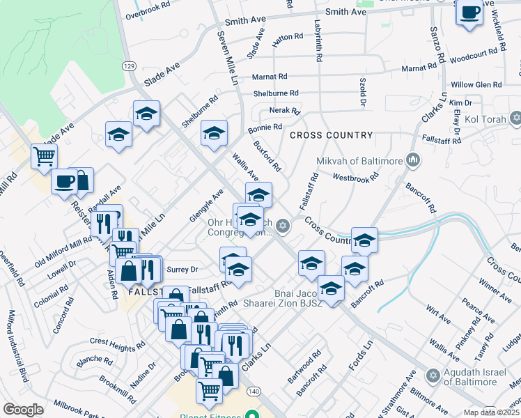 map of restaurants, bars, coffee shops, grocery stores, and more near 7003 Park Heights Avenue in Baltimore