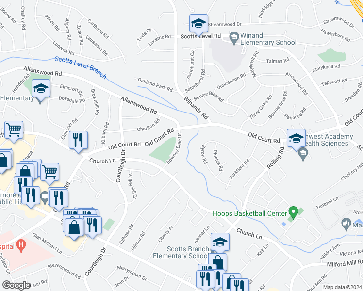 map of restaurants, bars, coffee shops, grocery stores, and more near 3721 Downey Dale Drive in Randallstown