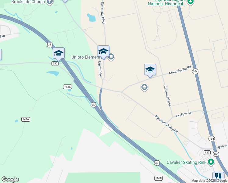 map of restaurants, bars, coffee shops, grocery stores, and more near 13980-14094 Pleasant Valley Road in Chillicothe