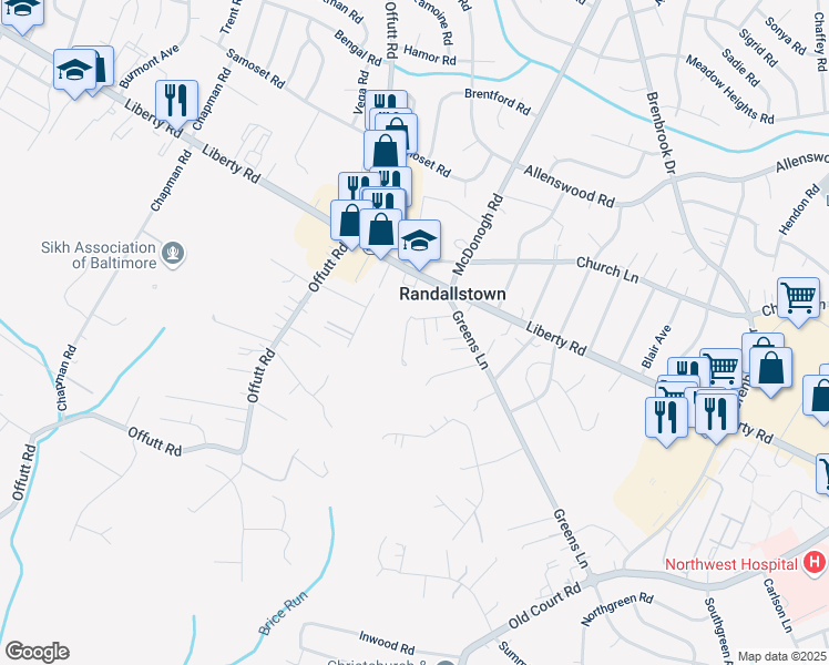 map of restaurants, bars, coffee shops, grocery stores, and more near 9015 Marcella Avenue in Randallstown