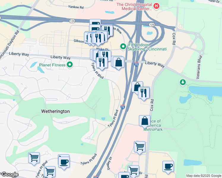 map of restaurants, bars, coffee shops, grocery stores, and more near 7313 Chatham Court in Wetherington