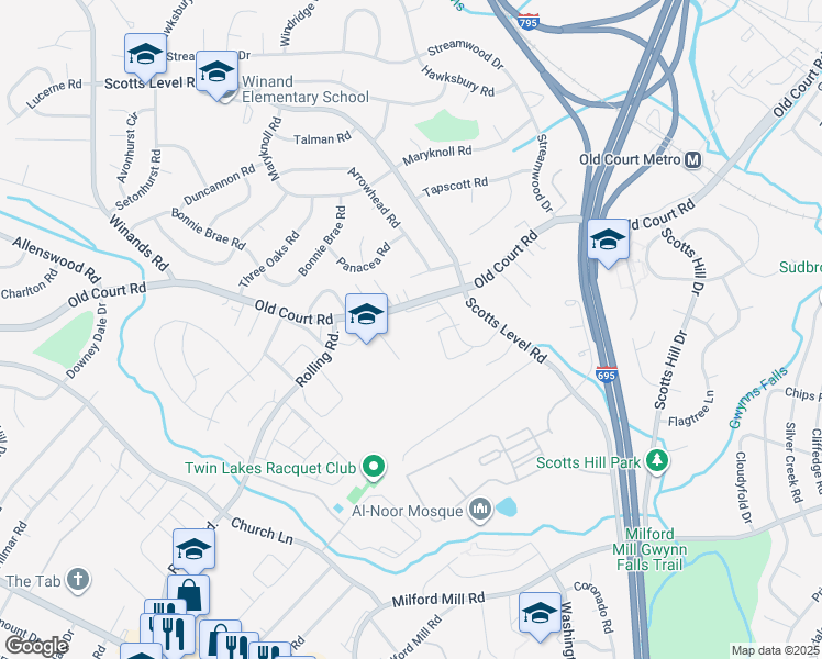 map of restaurants, bars, coffee shops, grocery stores, and more near 4619 Old Court Road in Pikesville