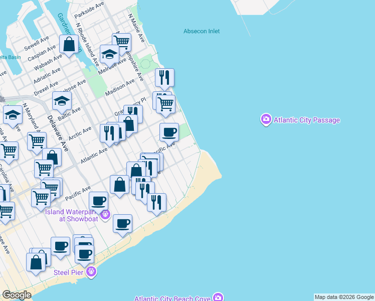 map of restaurants, bars, coffee shops, grocery stores, and more near 111 Oriental Avenue in Atlantic City