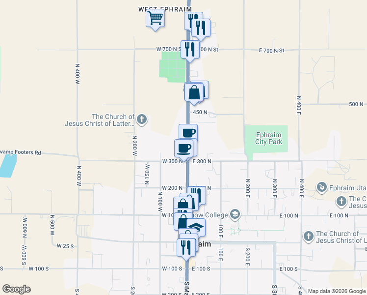 map of restaurants, bars, coffee shops, grocery stores, and more near 56 West 300 North in Ephraim