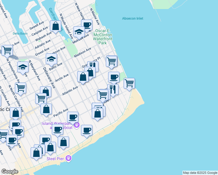 map of restaurants, bars, coffee shops, grocery stores, and more near 311 Oriental Avenue in Atlantic City