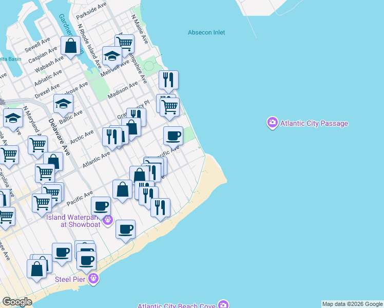 map of restaurants, bars, coffee shops, grocery stores, and more near 111 Oriental Avenue in Atlantic City