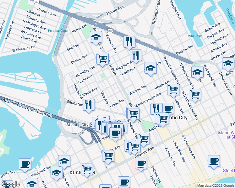 map of restaurants, bars, coffee shops, grocery stores, and more near 1805 Leeds Avenue in Atlantic City