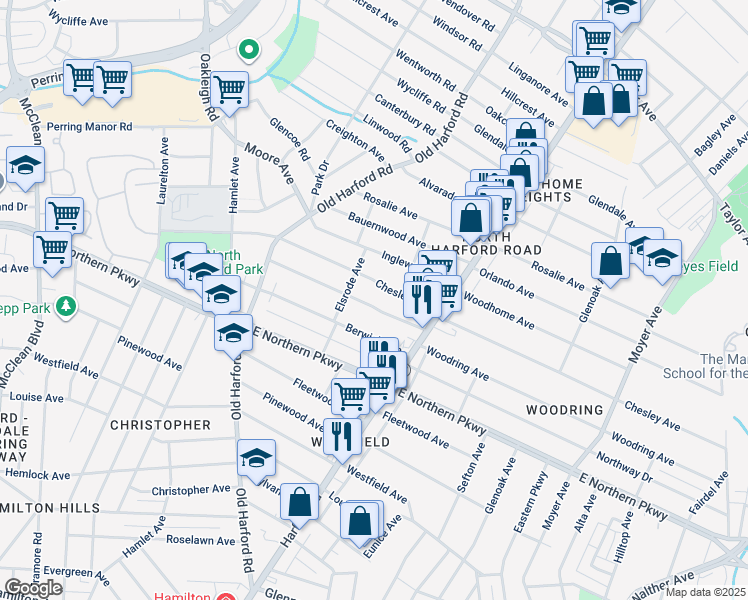 map of restaurants, bars, coffee shops, grocery stores, and more near 2812 Kildaire Drive in Baltimore