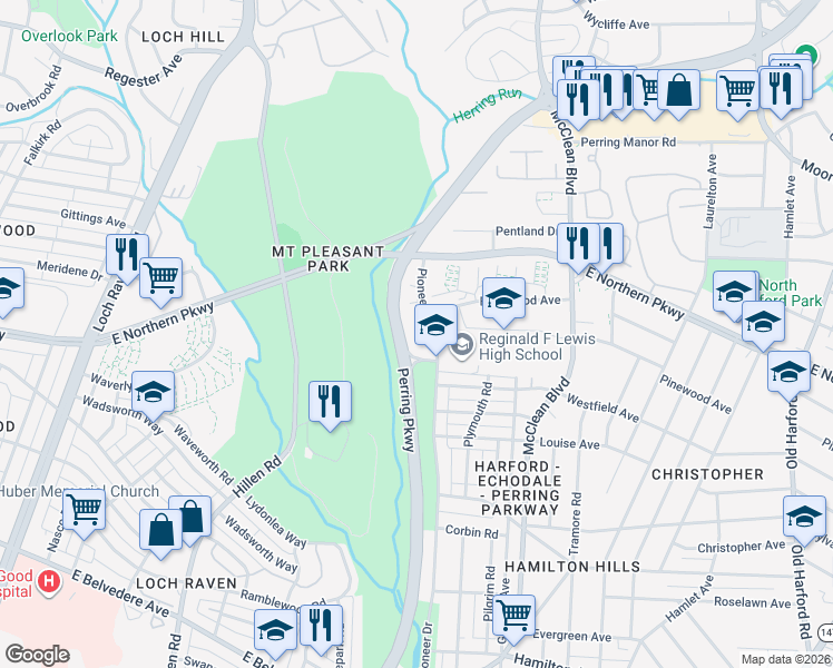 map of restaurants, bars, coffee shops, grocery stores, and more near 6624 Pioneer Drive in Baltimore