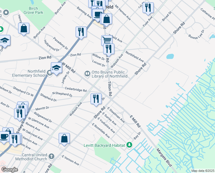 map of restaurants, bars, coffee shops, grocery stores, and more near 1821 Tilton Road in Northfield